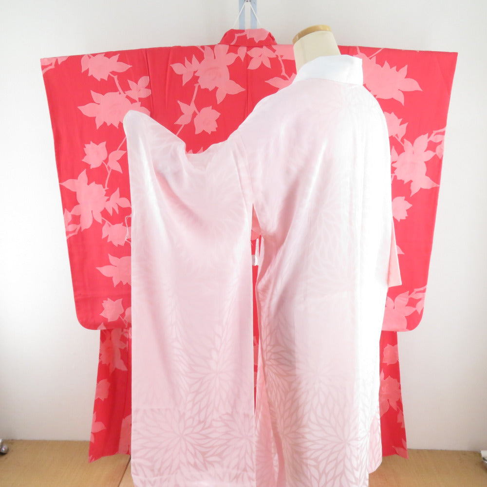 Kimono Pure Silk Red x Pink Rose Wun Poses Lined Lined Wide Collar Graduation Ceremony Stage Stage Costume