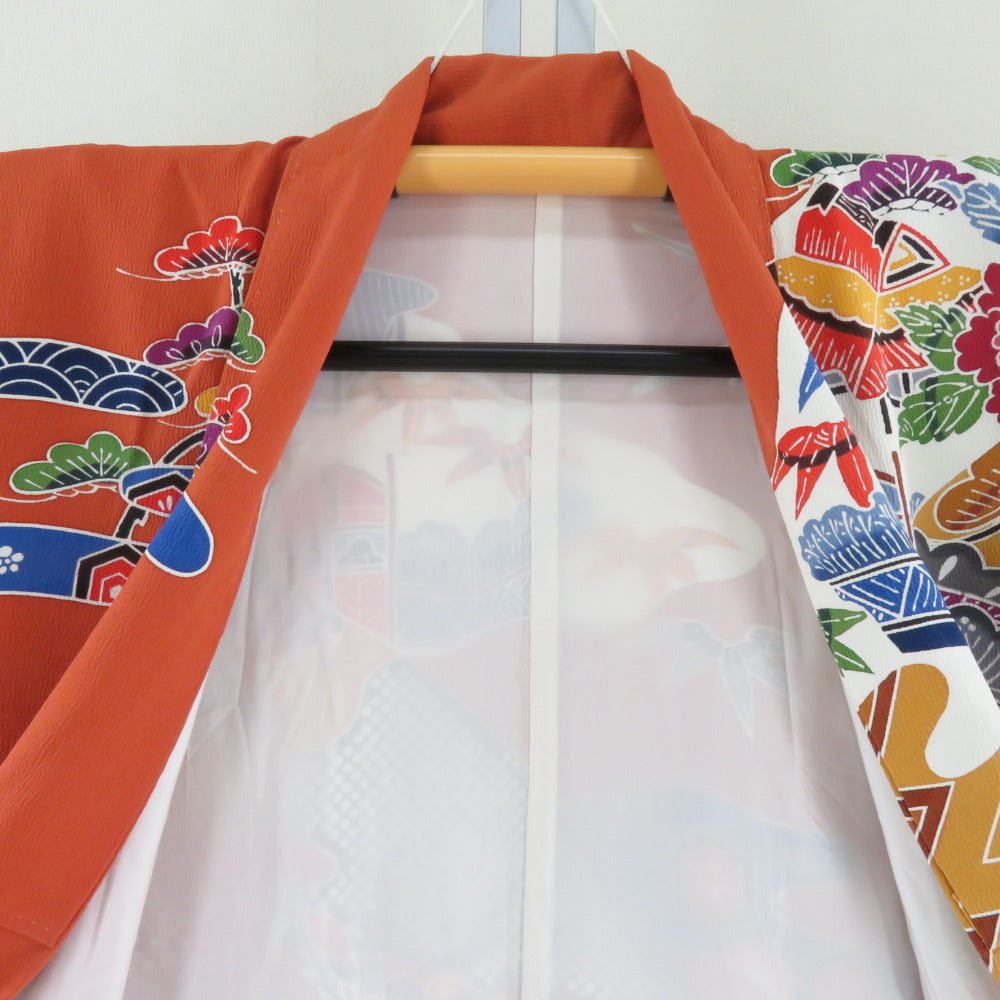 振袖 正絹 薄茶色x多色 型染め 風景に花鳥紋様 袷 広衿 成人式 卒業式