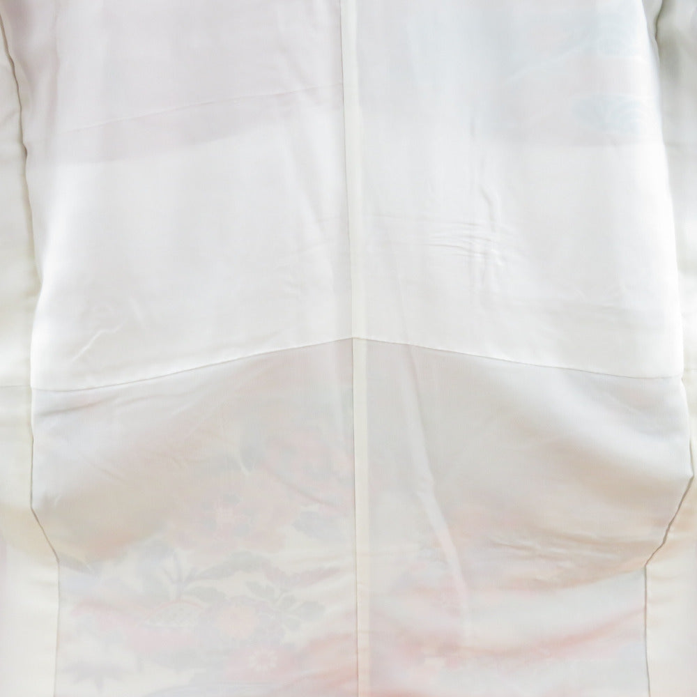 振袖 正絹 薄茶色x多色 型染め 風景に花鳥紋様 袷 広衿 成人式 卒業式