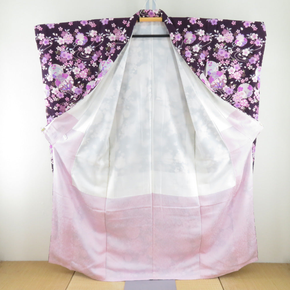 振袖 正絹 紫色xピンク色 金コマ 桜に手毬紋様 襦袢付き 袷 広衿 成人