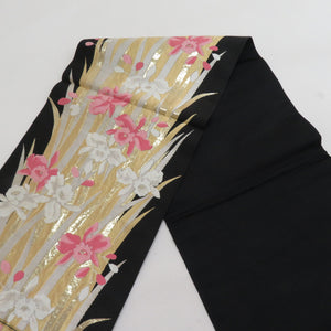 Ilris pattern for kinosisodes for kimono black thread black x golden x white x pink six -hand pattern pure silk formal tailoring kimono band length 424cm