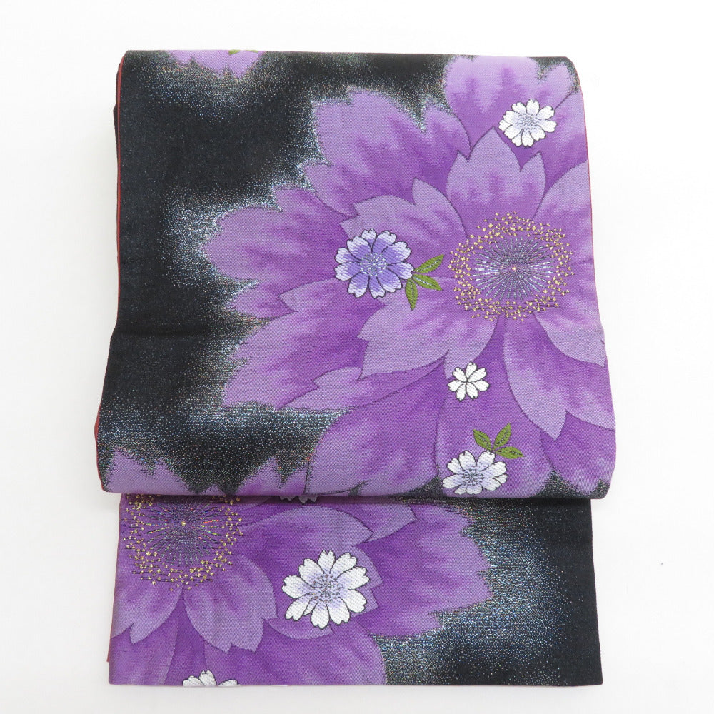 袋帯 振袖用 桜紋様 黒色ｘ紫色 金糸銀糸 ラメ糸 六通柄 リバーシブル ポリエステル フォーマル 仕立て上がり 着物帯 長さ448cm 【キモノオフ野々市若松店】 袋帯 振袖用 桜紋様 黒色x紫色 金糸銀糸 ラメ糸 六通柄 リバーシブル