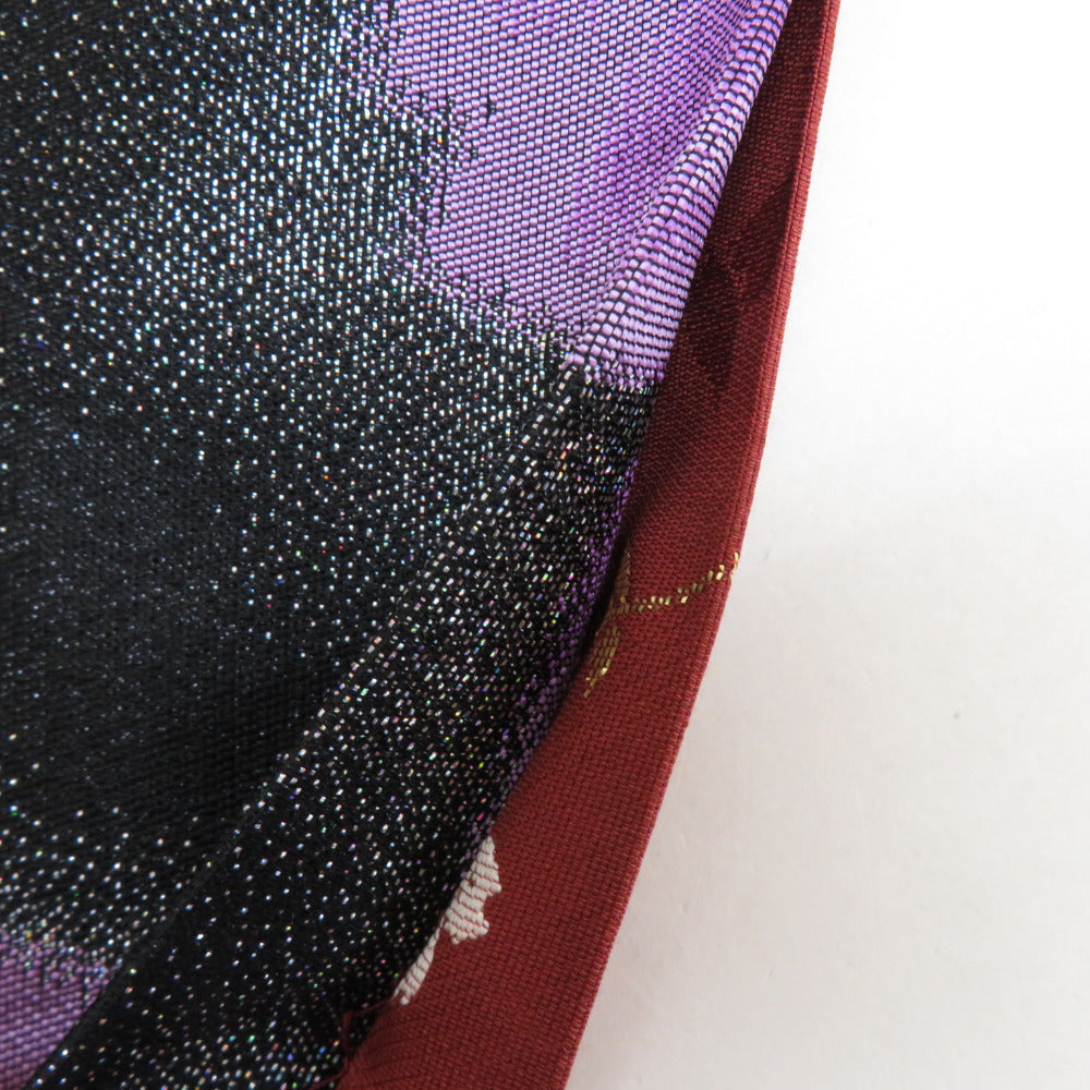 袋帯 振袖用 桜紋様 黒色x紫色 金糸銀糸 ラメ糸 六通柄 リバーシブル