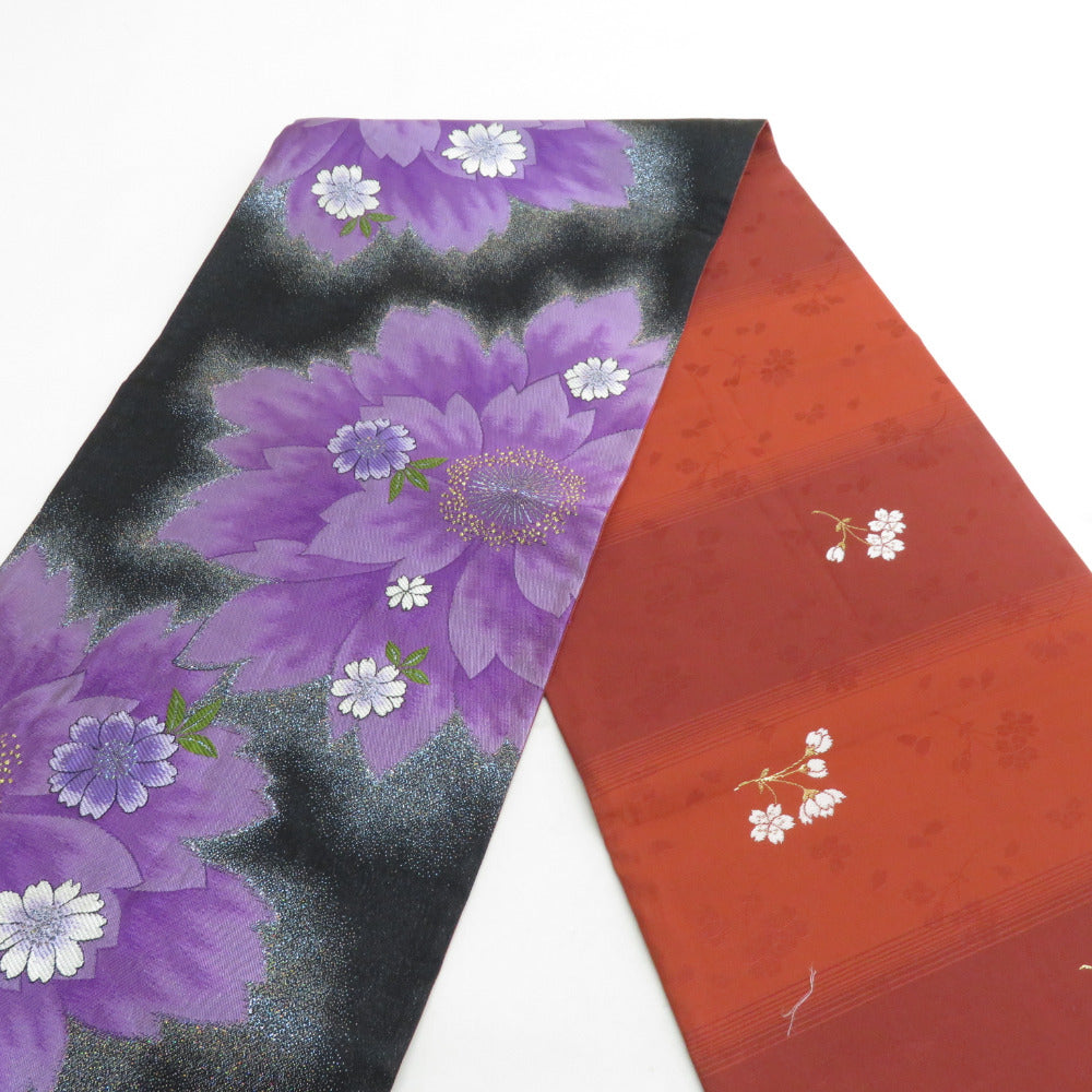 袋帯 振袖用 桜紋様 黒色ｘ紫色 金糸銀糸 ラメ糸 六通柄 リバーシブル ポリエステル フォーマル 仕立て上がり 着物帯 長さ448cm 【キモノオフ野々市若松店】 袋帯 振袖用 桜紋様 黒色x紫色 金糸銀糸 ラメ糸 六通柄 リバーシブル