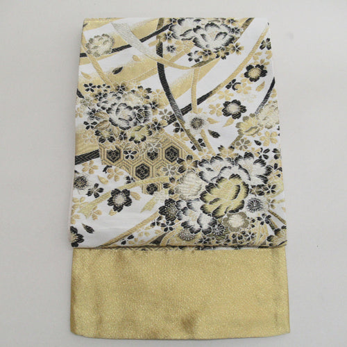 Pure silk cherry blossoms for kinosue for kimono, turtle shell crest white x gold x black gold thread six -handed pattern formal unbroken kimono length 464cm