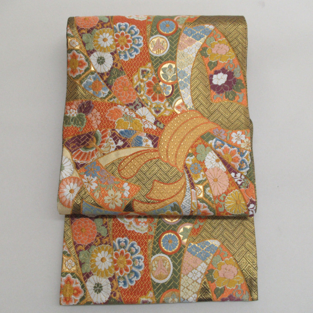 袋帯 振袖用 正絹 熨斗紋様 ゴールドｘ多色 金糸 六通柄 フォーマル 仕立て上がり 着物帯 長さ440cm 【キモノオフ野々市若松店】 袋帯 振袖用 正絹 熨斗紋様 ゴールドx多色 金糸 六通柄 フォーマル