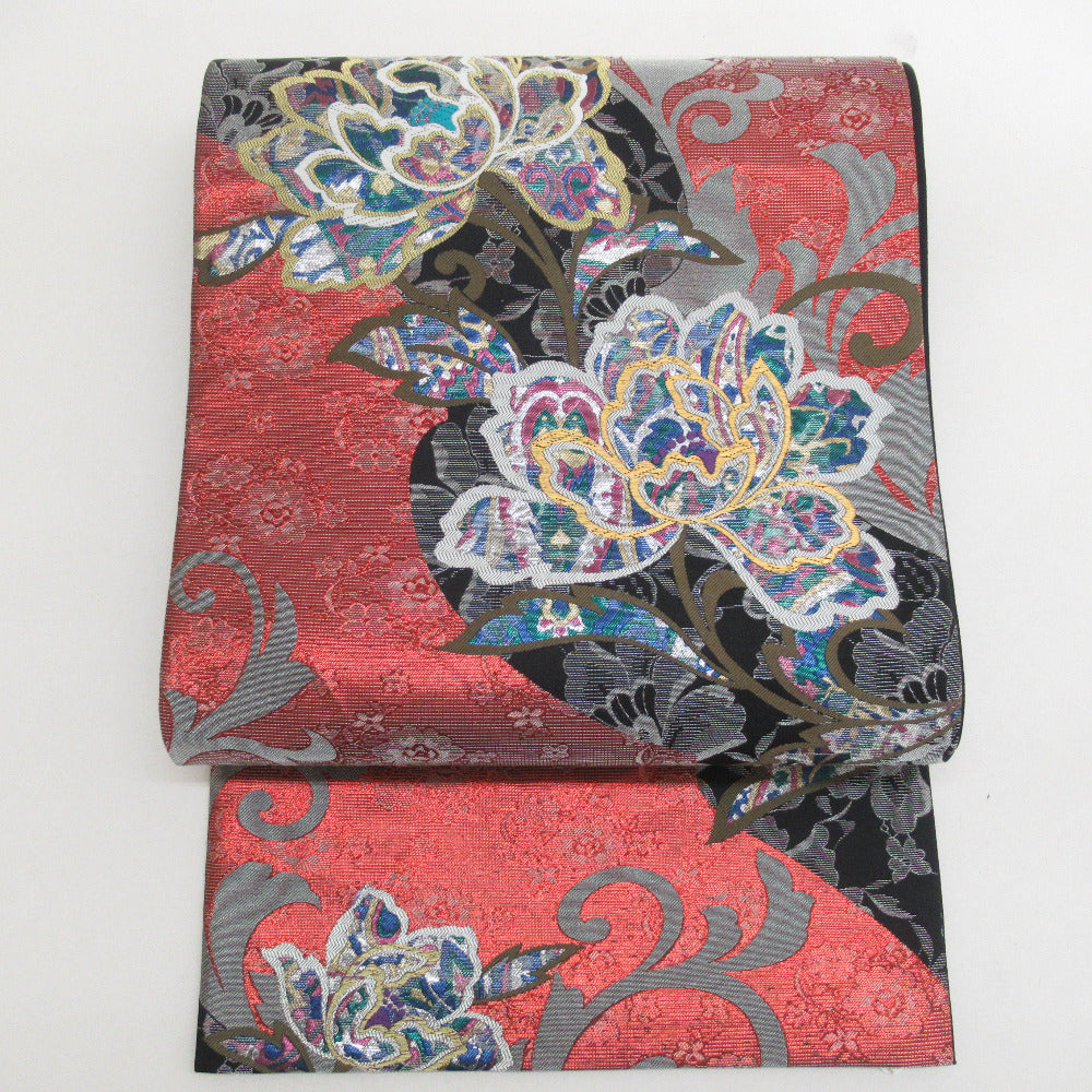 袋帯 振袖用 正絹 バルセロナの華 草花模様 赤ｘ黒ｘ多色 金糸銀糸 六通柄 フォーマル 仕立て上がり 着物帯 長さ55cm 【キモノオフ野々市若松店】 袋帯 振袖用 正絹 バルセロナの華 草花模様 赤x黒x多色 金糸銀糸 六