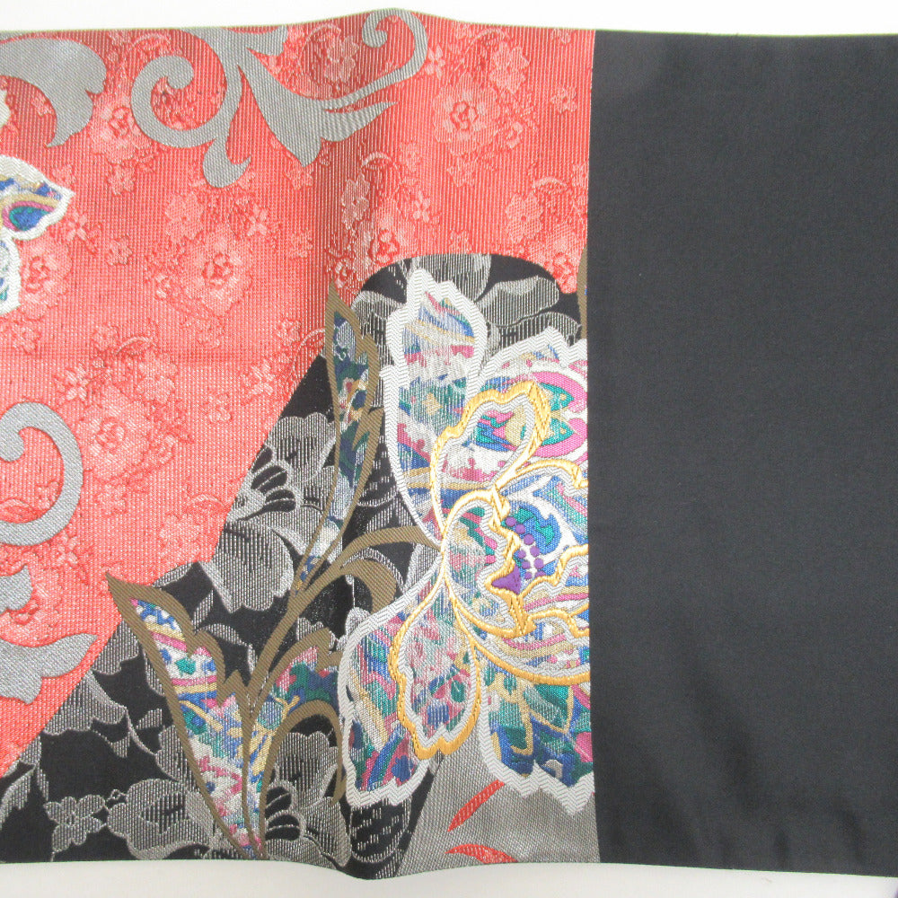 袋帯 振袖用 正絹 バルセロナの華 草花模様 赤ｘ黒ｘ多色 金糸銀糸 六通柄 フォーマル 仕立て上がり 着物帯 長さ55cm 【キモノオフ野々市若松店】 袋帯 振袖用 正絹 バルセロナの華 草花模様 赤x黒x多色 金糸銀糸 六