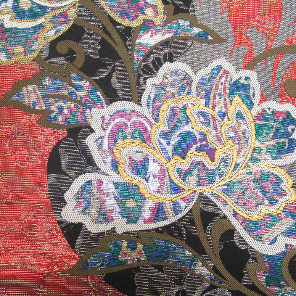 袋帯 振袖用 正絹 バルセロナの華 草花模様 赤ｘ黒ｘ多色 金糸銀糸 六通柄 フォーマル 仕立て上がり 着物帯 長さ55cm 【キモノオフ野々市若松店】 袋帯 振袖用 正絹 バルセロナの華 草花模様 赤x黒x多色 金糸銀糸 六