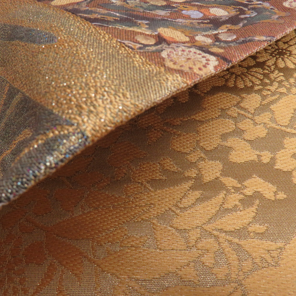 袋帯 季節の花々紋様 箔入り ゴールドxオリーブグリーンx茶色 金糸