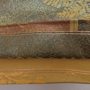 Vehicle band Seasonal flower crest Gold with foil x olive green x brown gold thread silver thread with lame pure silk -tailed kimono length 440cm