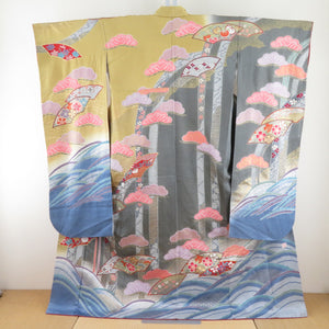 Kimono pure silk pepper x blue x multicolored foil squeezed waterfalls and waves on waves on waves and wide -ranging width