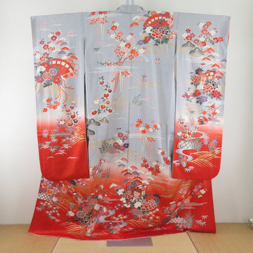 Kimono pure silk gray gray x vermilion foil on flowers in flowers on the car crest lined -collar graduation ceremony stage costume formal tailoring kimono 163cm