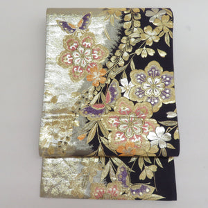 Bag track and pure silk flowers for kimono crests purple x gold x silver gold silver thread six -handed pattern formal tailoring kimono band length 472cm