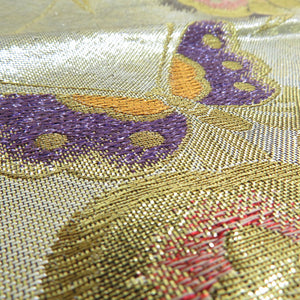 Bag track and pure silk flowers for kimono crests purple x gold x silver gold silver thread six -handed pattern formal tailoring kimono band length 472cm