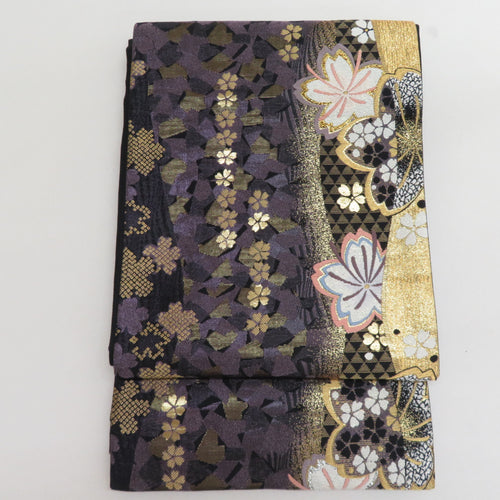 Pure silk cherry blossom crest for kingeus kimono black x purple gold silver thread lame thread six -handed pattern formal tailoring kimono length 448cm