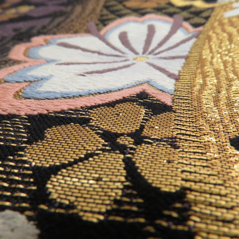 成人式振袖用 高級袋帯　金糸に紫の刺繍が個性的　着物を引き立ててくれる帯 Kisste 袋帯 振袖用 帯 成人式 黒 金 桜 西陣織 佐々木染織物