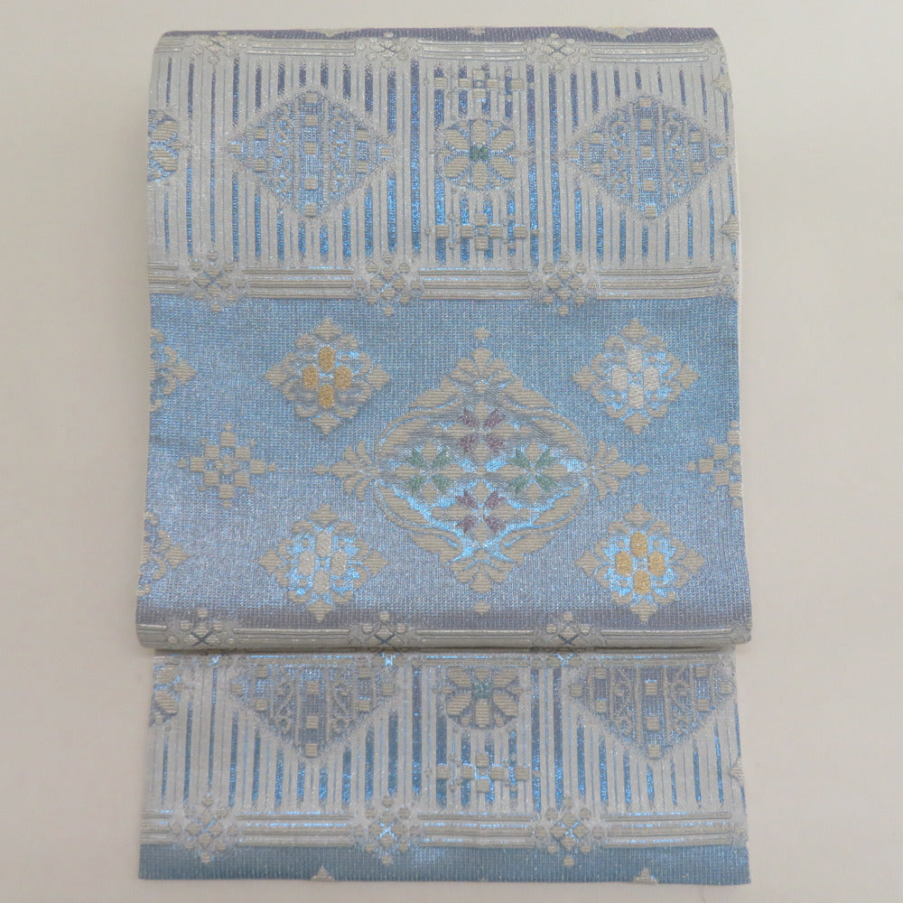 袋帯 振袖用 正絹 オリエンタル紋様 ブルーxシルバーx