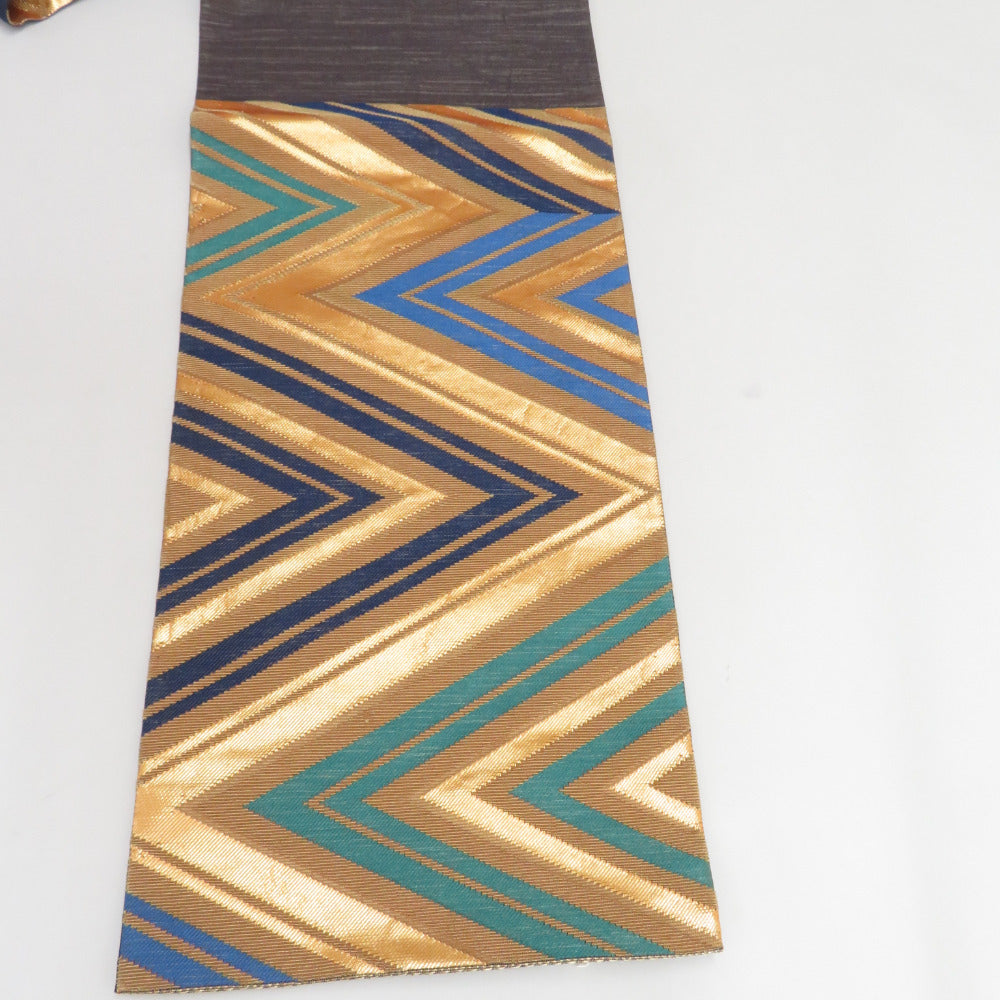 袋帯 振袖用 正絹 ジグザグ紋様 稲妻模様 ゴールドx青x緑 金糸 六通