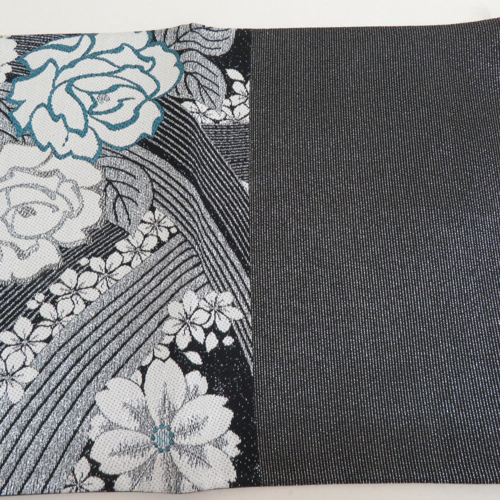 袋帯 正絹 銀糸 ターコイズブルーxピンク色x銀色 六角に花々文様