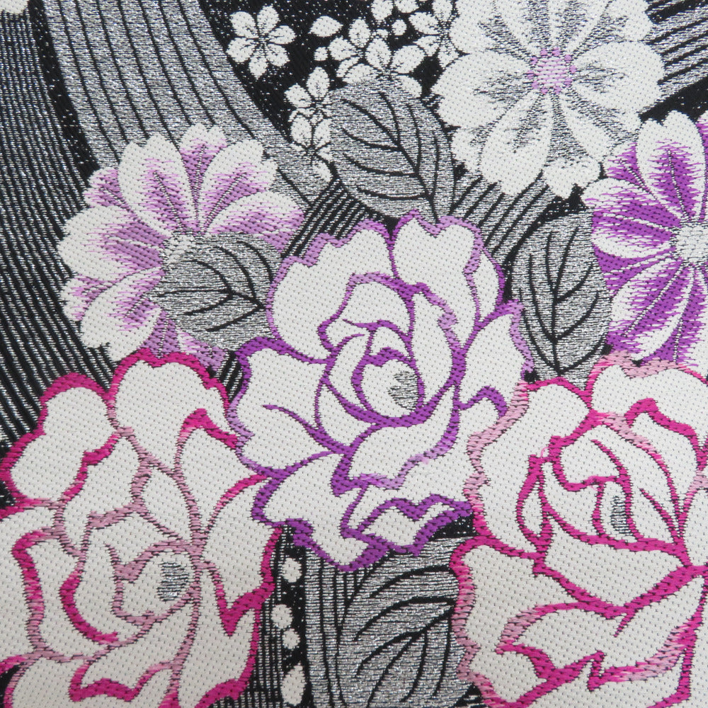 袋帯 正絹 銀糸 ターコイズブルーｘピンク色ｘ銀色 六角に花々文様 引き箔 六通柄 フォーマル 礼装 長さ440cm【中古】 【キモノオフ野々市若松店】 袋帯 振袖用 正絹 波に花々模様 黒x白x紫xターコイズブルー 銀糸 六