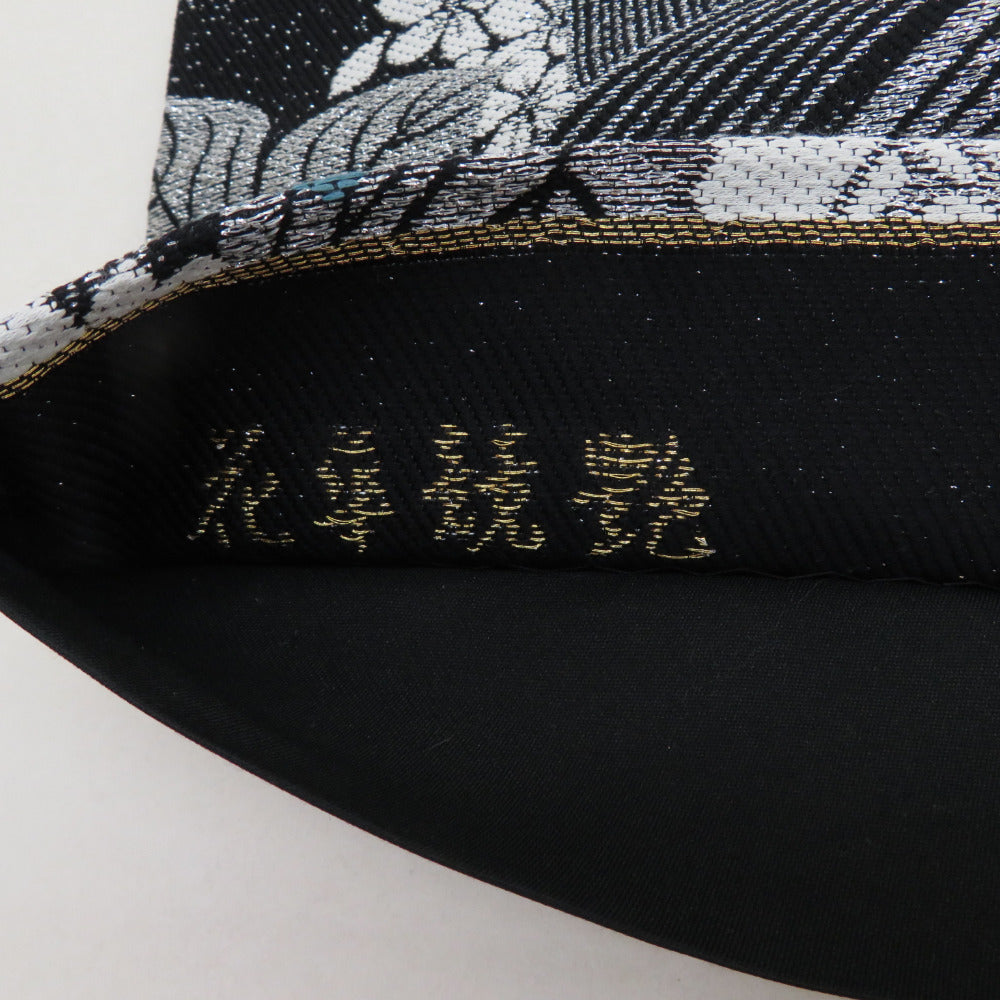 袋帯 振袖用 正絹 波に花々模様 黒x白x紫xターコイズブルー 銀糸 六