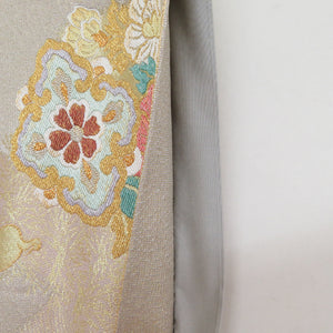 Bag Slow Sleeve Pure silk bird pattern beige x gold x multicolor gold silver thread six -handed pattern formal tailoring kimono band length 448cm