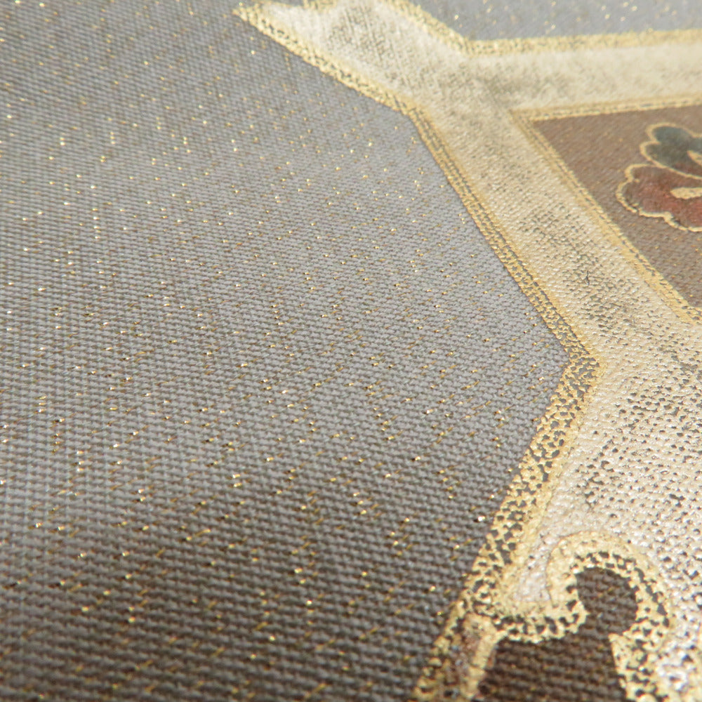 袋帯 鶴に桐紋など 箔入り カーキ色x薄オリーブグリーンxゴールド