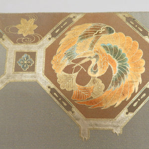 Khaki colored cranes and paulownia crests, such as paulownia crests x thin olive green x gold gold thread lame taiko pure silk tailed kimono length 440cm