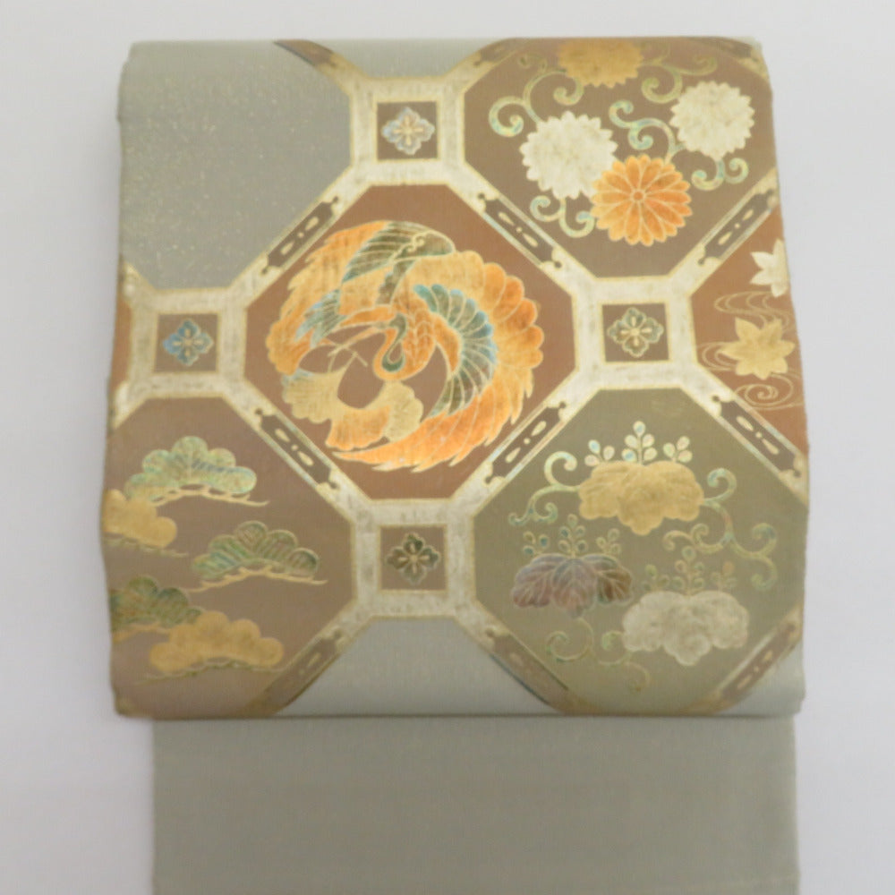 袋帯 鶴に桐紋など 箔入り カーキ色ｘ薄オリーブグリーンｘゴールド 金糸 ラメ入り お太鼓柄 正絹 仕立て上がり 着物帯 長さ440cm 【キモノオフ野々市若松店】 袋帯 鶴に桐紋など 箔入り カーキ色x薄オリーブグリーンxゴールド