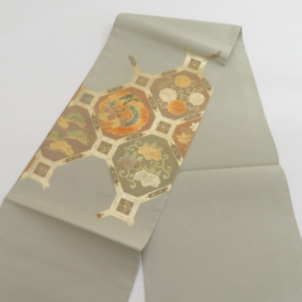 袋帯 鶴に桐紋など 箔入り カーキ色x薄オリーブグリーンxゴールド