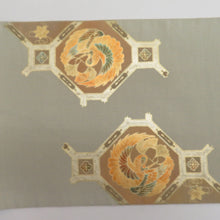 Load image into Gallery viewer, Khaki colored cranes and paulownia crests, such as paulownia crests x thin olive green x gold gold thread lame taiko pure silk tailed kimono length 440cm