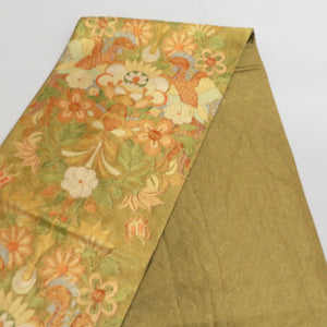 Saga Nishiki Kori Monku Saaya -shaped ground crane for kinosue kimono, gold x green x orange gold thread six -handed pure silk tailoring kimono length 448cm