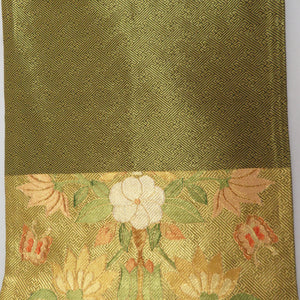 Saga Nishiki Kori Monku Saaya -shaped ground crane for kinosue kimono, gold x green x orange gold thread six -handed pure silk tailoring kimono length 448cm