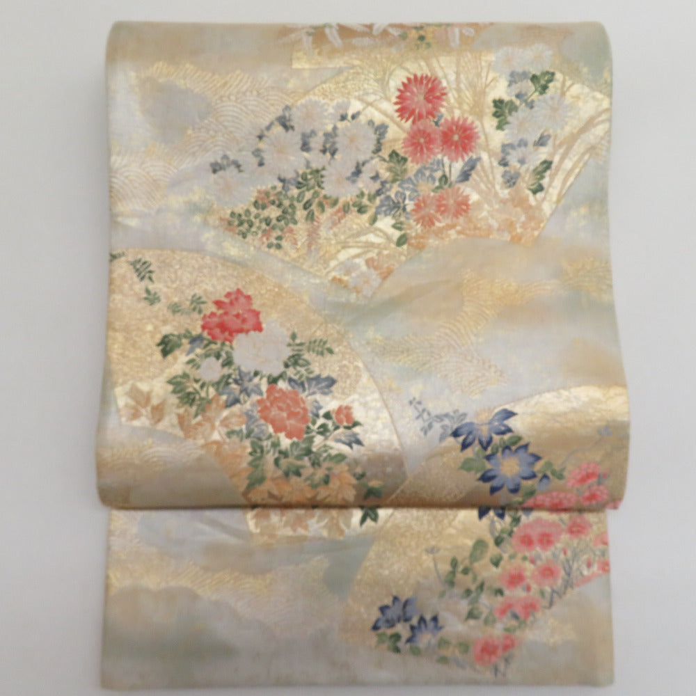 袋帯 扇子に季節の花々紋様 金糸 ゴールドx多色 六通柄 正絹 仕立て 