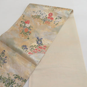 Seasonal flower crest gold thread gold x multicolor six -handed pure silk tailoring kimono length 448cm