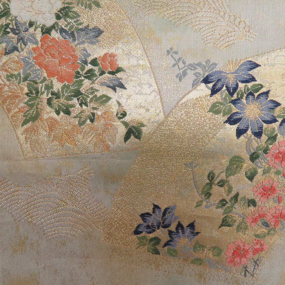 袋帯 扇子に季節の花々紋様 金糸 ゴールドx多色 六通柄 正絹 仕立て 