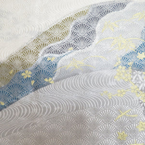 Hakuso Nishijin Ori -Oribe Hirobe Corporation on the Wave of Flower Crest Gold Silver Thread White X Gray x Blue Six Pattern Pure Kimono Length 440cm