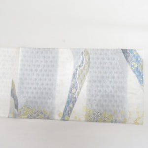 Hakuso Nishijin Ori -Oribe Hirobe Corporation on the Wave of Flower Crest Gold Silver Thread White X Gray x Blue Six Pattern Pure Kimono Length 440cm