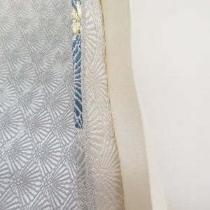 Hakuso Nishijin Ori -Oribe Hirobe Corporation on the Wave of Flower Crest Gold Silver Thread White X Gray x Blue Six Pattern Pure Kimono Length 440cm