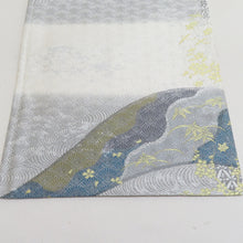 Load image into Gallery viewer, Hakuso Nishijin Ori -Oribe Hirobe Corporation on the Wave of Flower Crest Gold Silver Thread White X Gray x Blue Six Pattern Pure Kimono Length 440cm