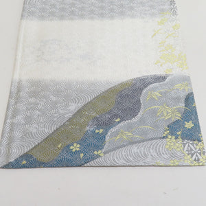 Hakuso Nishijin Ori -Oribe Hirobe Corporation on the Wave of Flower Crest Gold Silver Thread White X Gray x Blue Six Pattern Pure Kimono Length 440cm