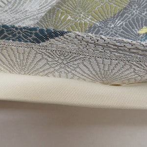 Hakuso Nishijin Ori -Oribe Hirobe Corporation on the Wave of Flower Crest Gold Silver Thread White X Gray x Blue Six Pattern Pure Kimono Length 440cm