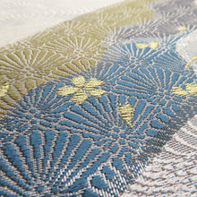 Load image into Gallery viewer, Hakuso Nishijin Ori -Oribe Hirobe Corporation on the Wave of Flower Crest Gold Silver Thread White X Gray x Blue Six Pattern Pure Kimono Length 440cm