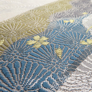 Hakuso Nishijin Ori -Oribe Hirobe Corporation on the Wave of Flower Crest Gold Silver Thread White X Gray x Blue Six Pattern Pure Kimono Length 440cm