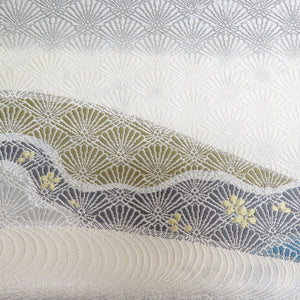 Hakuso Nishijin Ori -Oribe Hirobe Corporation on the Wave of Flower Crest Gold Silver Thread White X Gray x Blue Six Pattern Pure Kimono Length 440cm