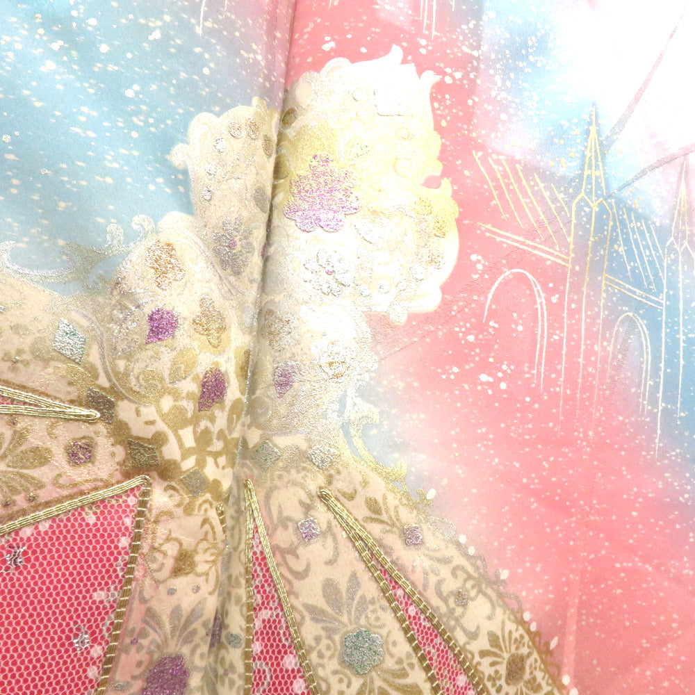 振袖 正絹 D＆E EMANUEL 黒色 水色 ピンク 紫 グレー