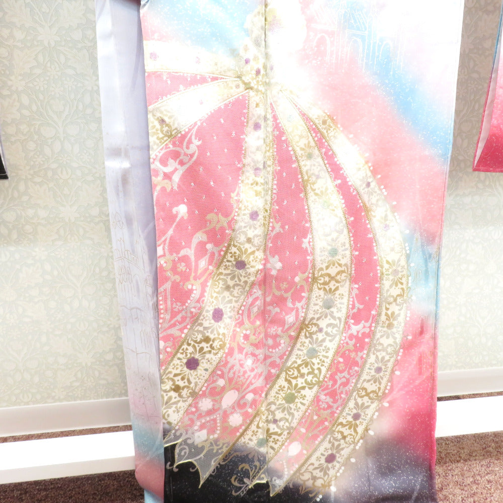 振袖 正絹 D＆E EMANUEL 黒色 水色 ピンク 紫 グレー 金彩