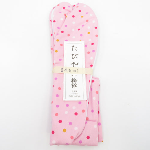柄足袋 24.5cm 桃色 水玉柄 ドット 底面白色 日本製 たびや 一輪館 綿100％ 4枚こはぜ レディース 女性用 足袋 カジュアル 着付け小物
