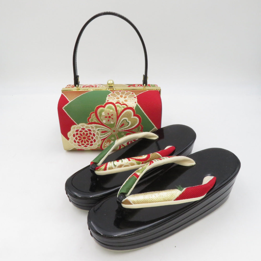 Sandals / Bag Set Saga Nishiki Chinese Crest Black X Gold x Green x Red M Size 22.0cm Formal Commercial Ceremony Graduation ceremony